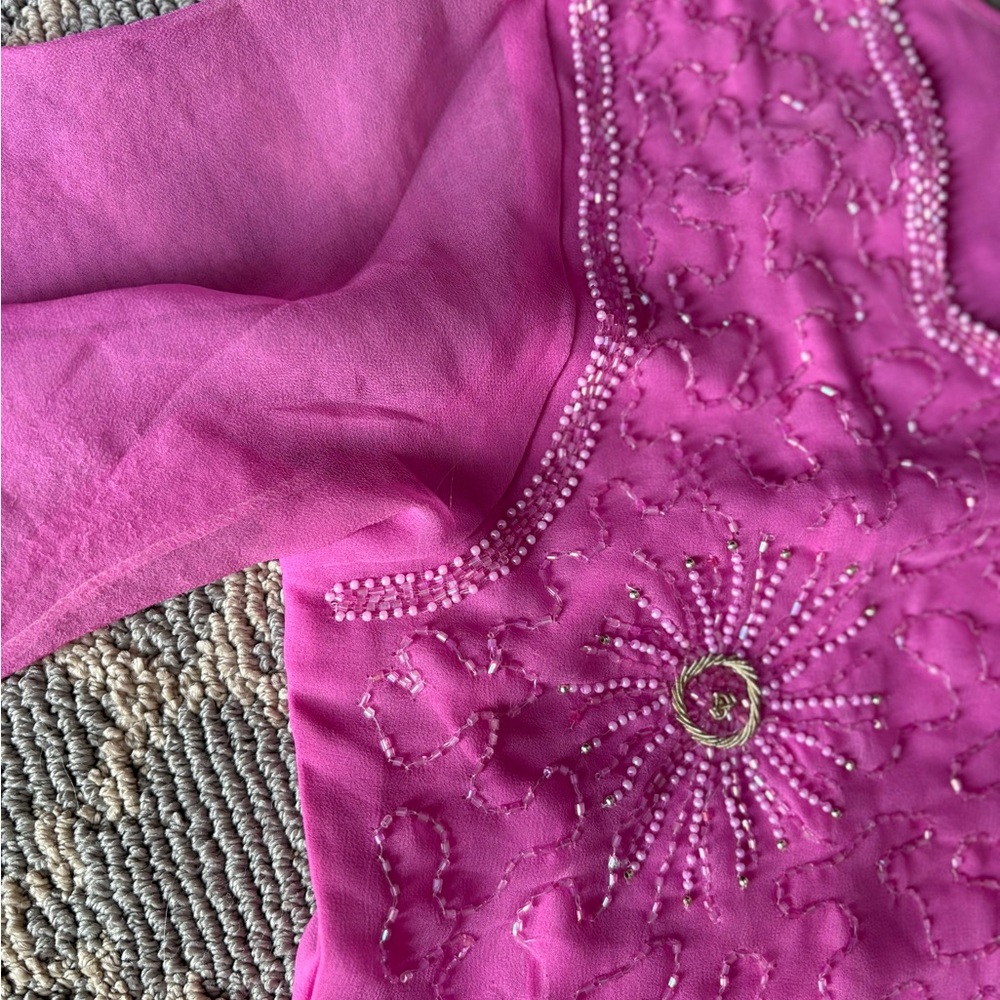 Hand stitched Pink Beaded Sheer Sleeve kurti size 40 | pink kurta party wear - Picture 7 of 7